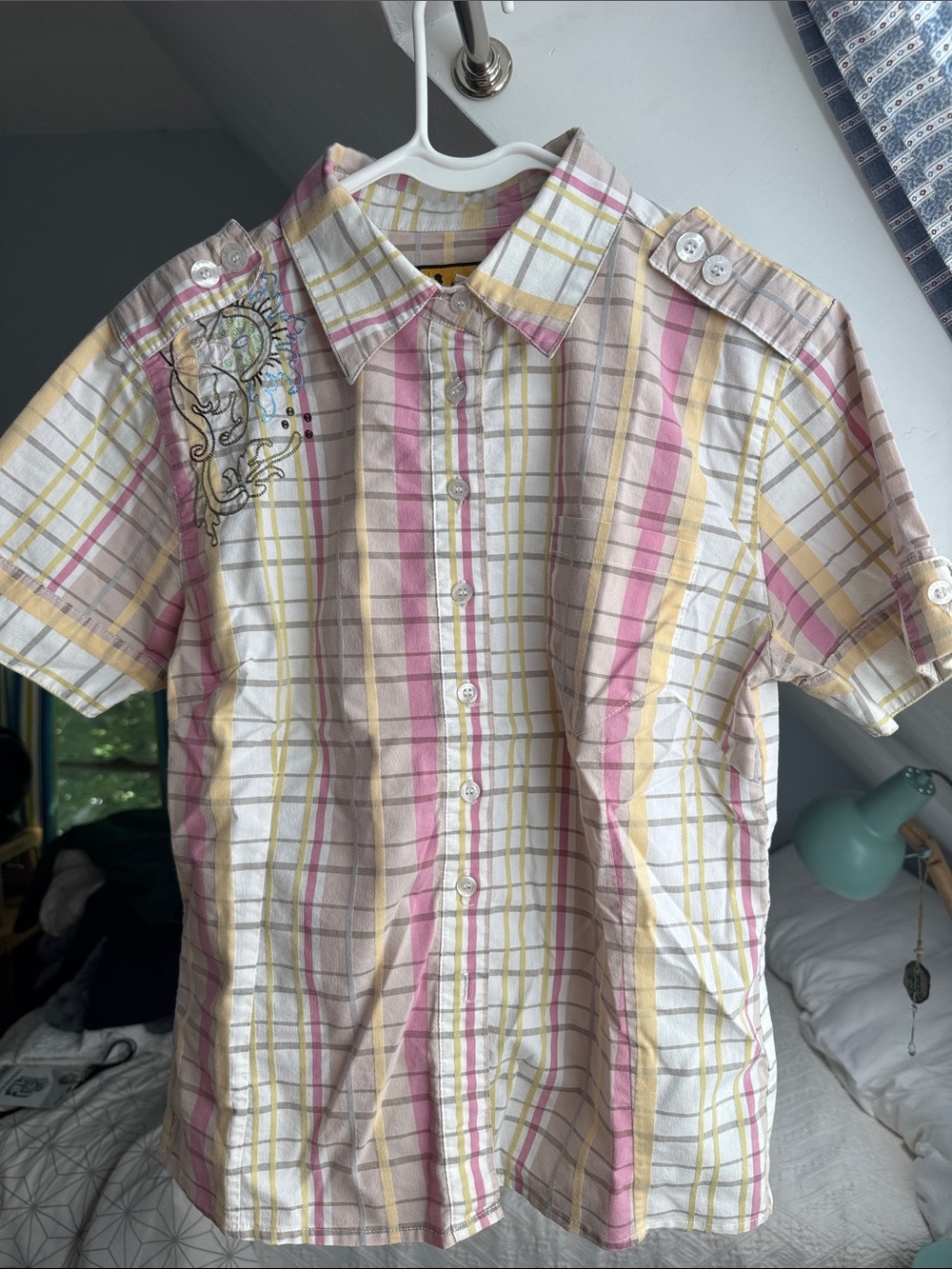 Brooklyn Industries Pink, Y2K Yellow & Cream Plaid Short Sleeve Button-Up